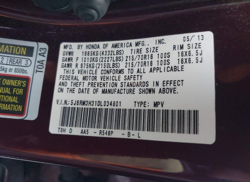 Photo 9 of 2013 Honda Cr-v LX (VIN 5J6RM3H31DL034801)