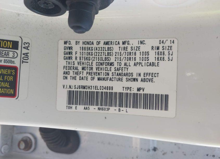 Photo 9 of 2014 Honda Cr-v LX (VIN 5J6RM3H31EL034699)