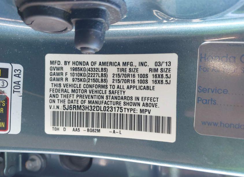 Photo 9 of 2013 Honda Cr-v LX (VIN 5J6RM3H32DL023175)