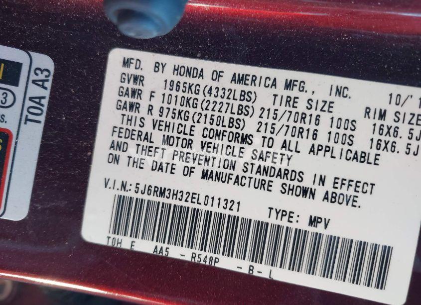 Photo 9 of 2014 Honda Cr-v LX (VIN 5J6RM3H32EL011321)