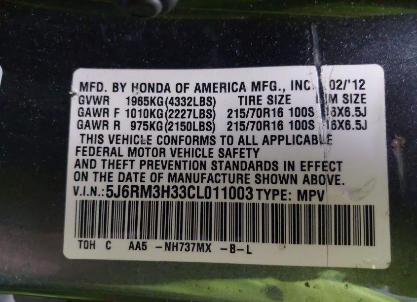 Photo 9 of 2012 Honda Cr-v LX (VIN 5J6RM3H33CL011003)