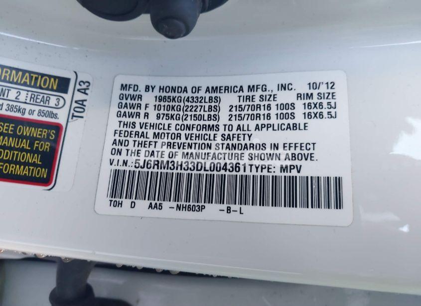 Photo 9 of 2013 Honda Cr-v LX (VIN 5J6RM3H33DL004361)