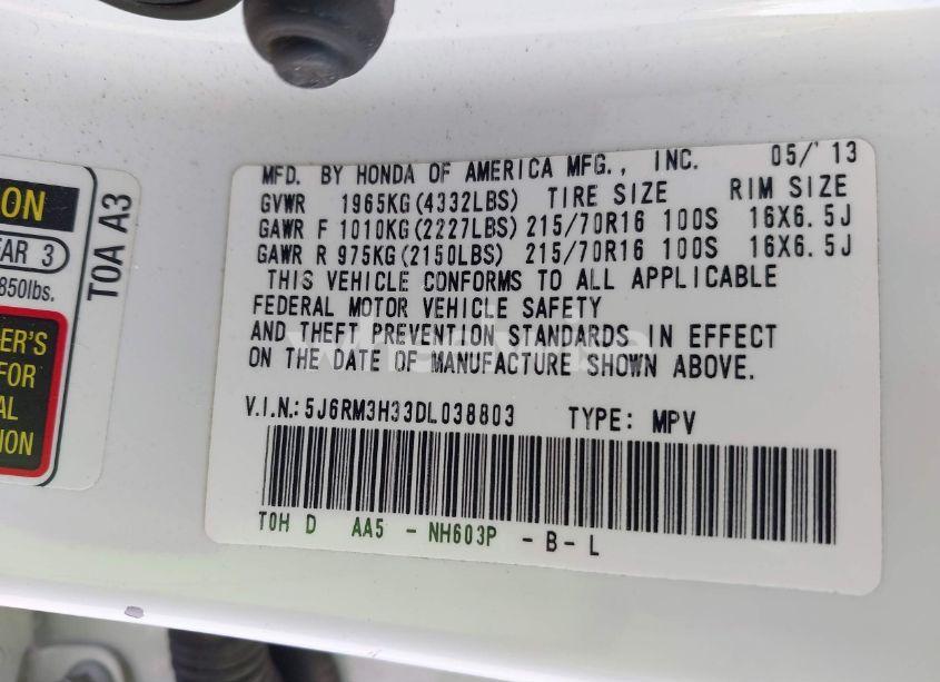 Photo 9 of 2013 Honda Cr-v LX (VIN 5J6RM3H33DL038803)