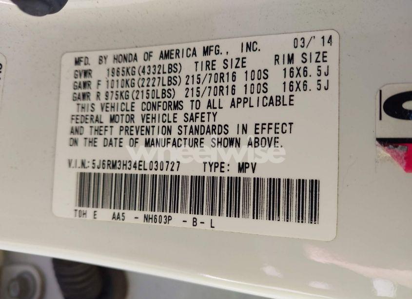 Photo 9 of 2014 Honda Cr-v LX (VIN 5J6RM3H34EL030727)