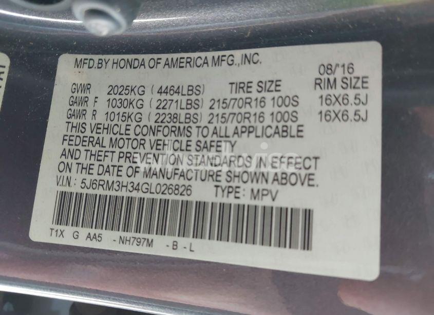 Photo 9 of 2016 Honda Cr-v LX (VIN 5J6RM3H34GL026826)