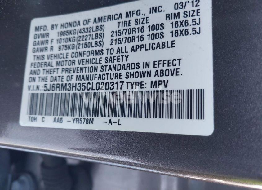 Photo 9 of 2012 Honda Cr-v LX (VIN 5J6RM3H35CL020317)