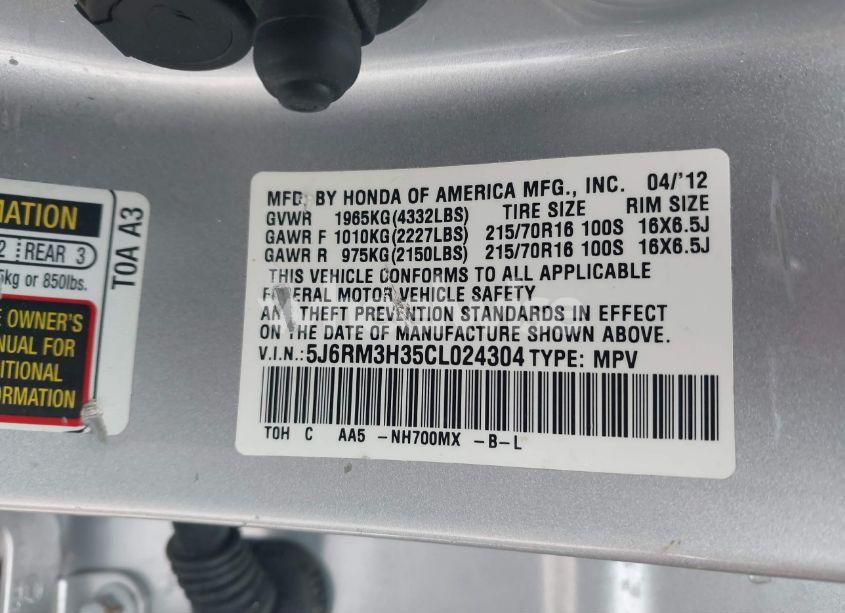 Photo 9 of 2012 Honda Cr-v LX (VIN 5J6RM3H35CL024304)