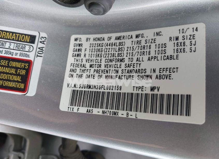 Photo 9 of 2015 Honda Cr-v LX (VIN 5J6RM3H35FL002159)