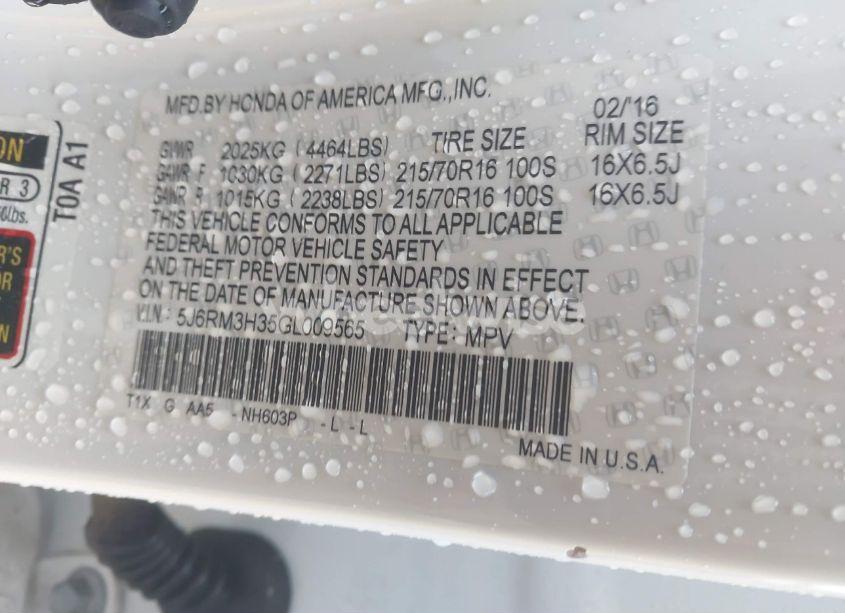 Photo 9 of 2016 Honda Cr-v LX (VIN 5J6RM3H35GL009565)