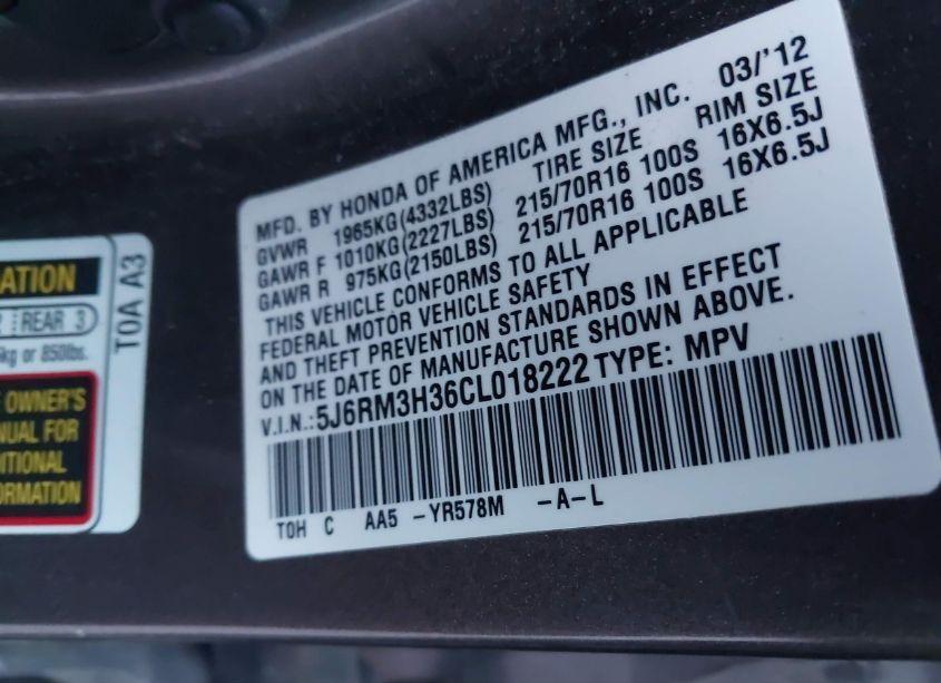 Photo 9 of 2012 Honda Cr-v LX (VIN 5J6RM3H36CL018222)