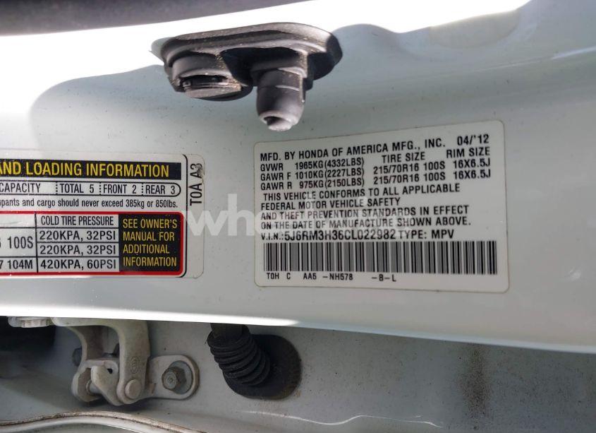 Photo 9 of 2012 Honda Cr-v LX (VIN 5J6RM3H36CL022982)