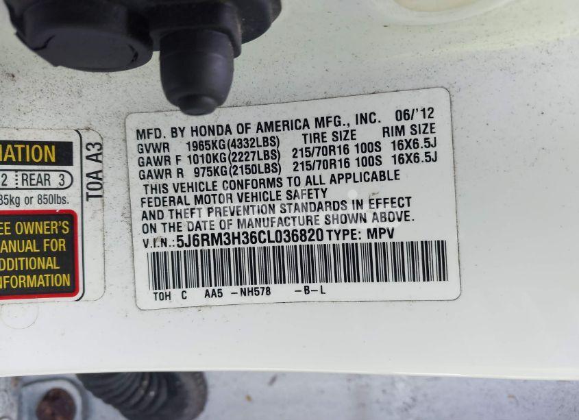 Photo 9 of 2012 Honda Cr-v LX (VIN 5J6RM3H36CL036820)