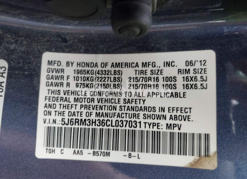 Photo 9 of 2012 Honda Cr-v LX (VIN 5J6RM3H36CL037031)