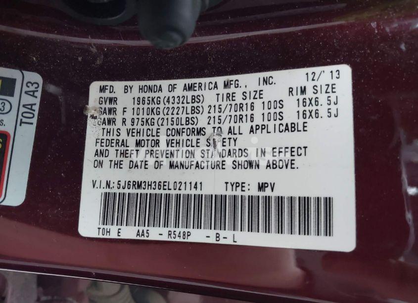 Photo 9 of 2014 Honda Cr-v LX (VIN 5J6RM3H36EL021141)