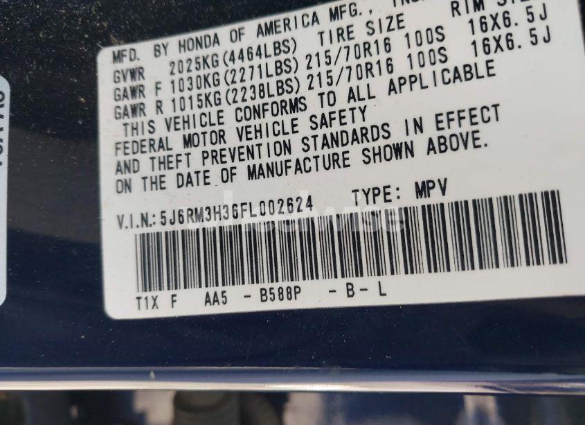 Photo 9 of 2015 Honda Cr-v LX (VIN 5J6RM3H36FL002624)