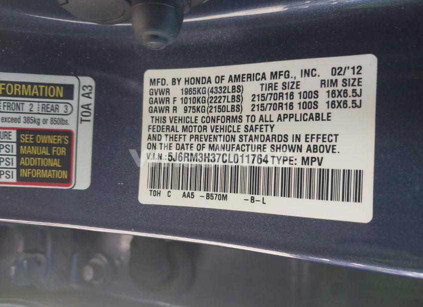 Photo 9 of 2012 Honda Cr-v LX (VIN 5J6RM3H37CL011764)