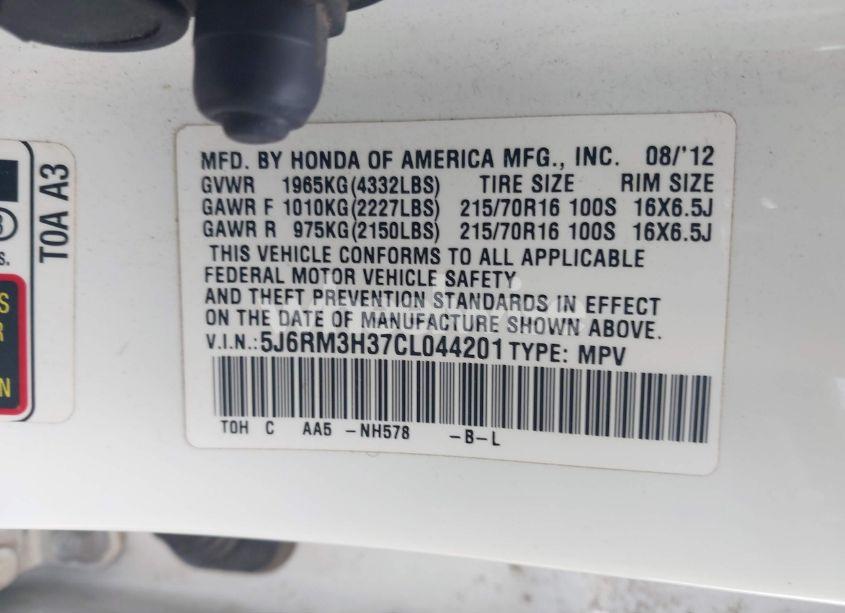 Photo 9 of 2012 Honda Cr-v LX (VIN 5J6RM3H37CL044201)