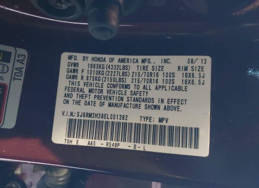 Photo 9 of 2014 Honda Cr-v LX (VIN 5J6RM3H38EL001392)