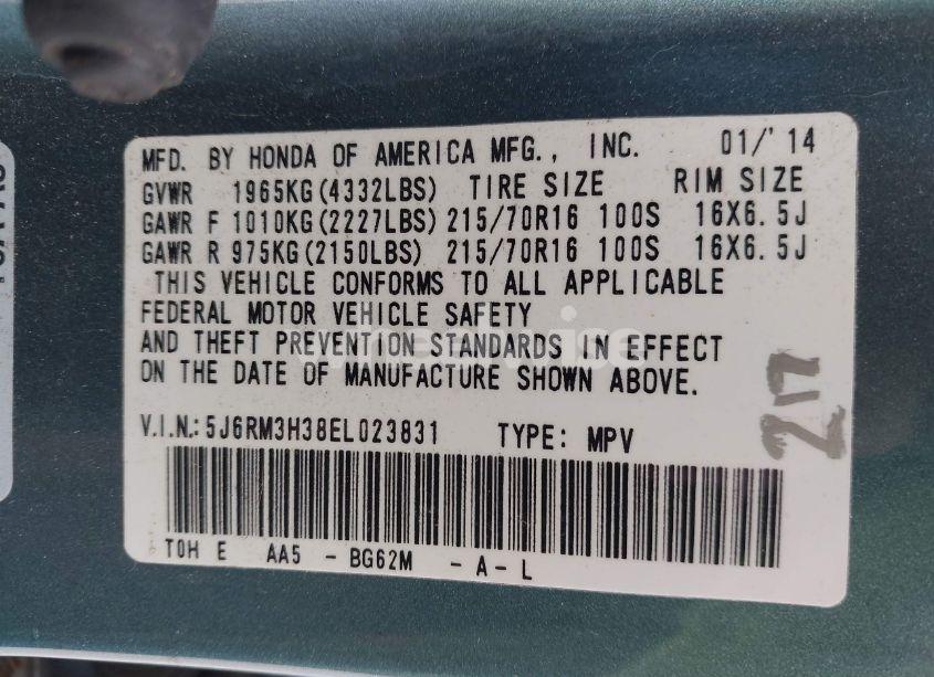 Photo 9 of 2014 Honda Cr-v LX (VIN 5J6RM3H38EL023831)