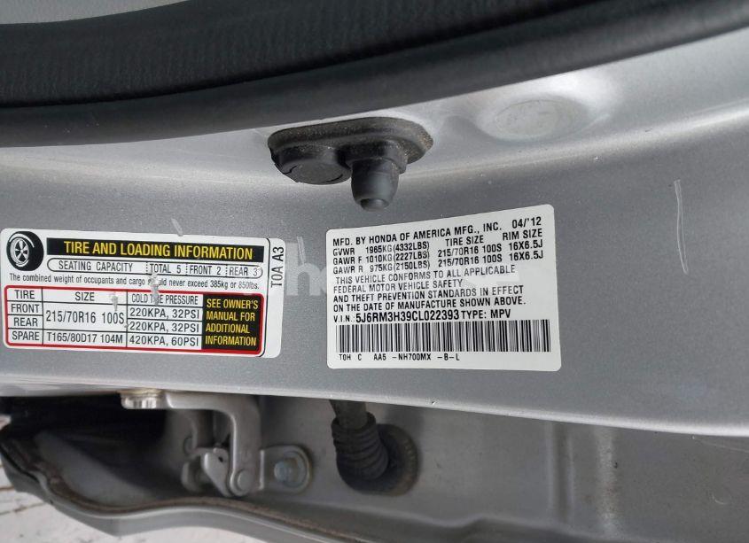 Photo 9 of 2012 Honda Cr-v LX (VIN 5J6RM3H39CL022393)