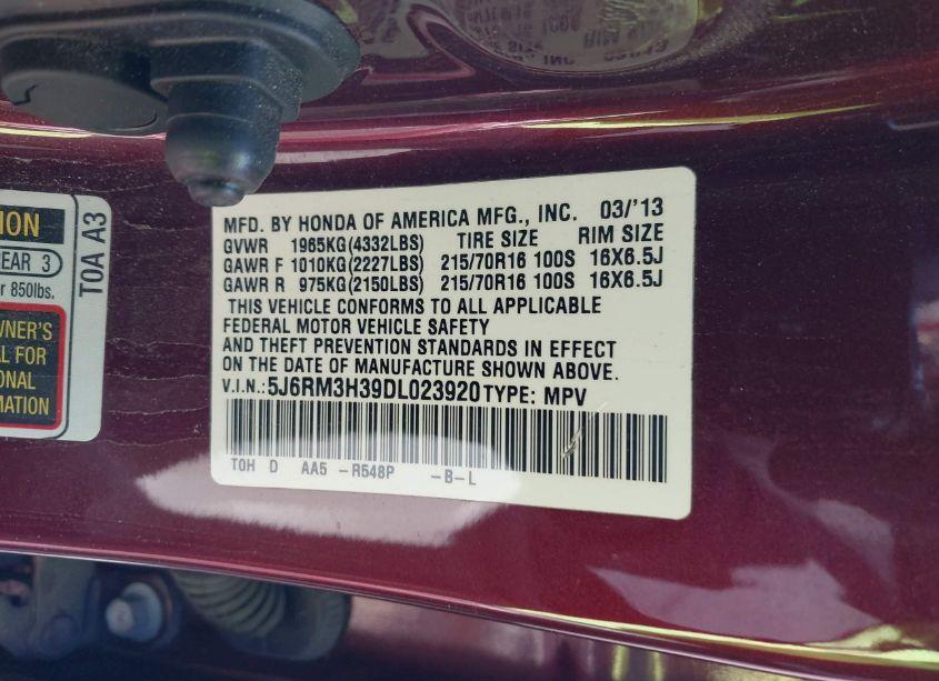 Photo 9 of 2013 Honda Cr-v LX (VIN 5J6RM3H39DL023920)