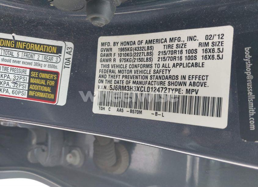 Photo 9 of 2012 Honda Cr-v LX (VIN 5J6RM3H3XCL012472)