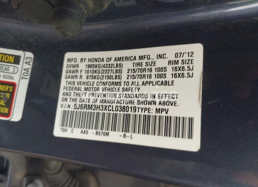 Photo 9 of 2012 Honda Cr-v LX (VIN 5J6RM3H3XCL038019)