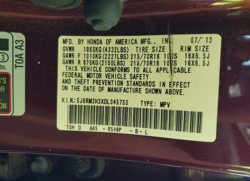 Photo 9 of 2013 Honda Cr-v LX (VIN 5J6RM3H3XDL045750)