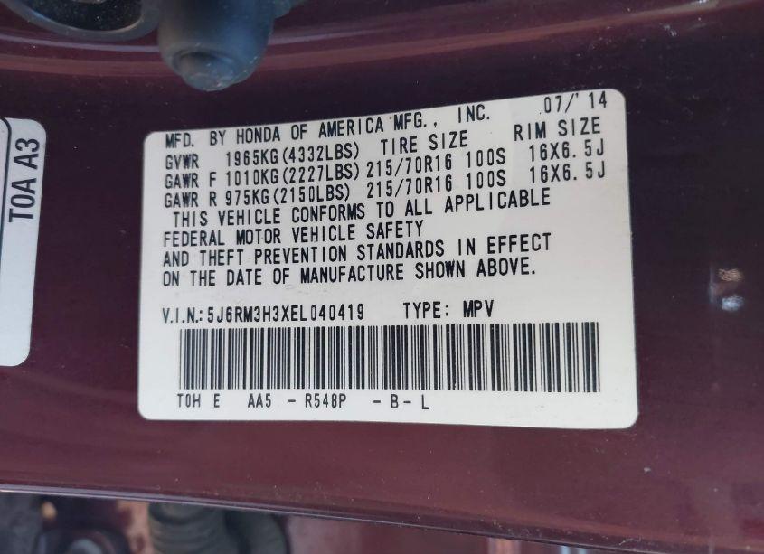 Photo 9 of 2014 Honda Cr-v LX (VIN 5J6RM3H3XEL040419)