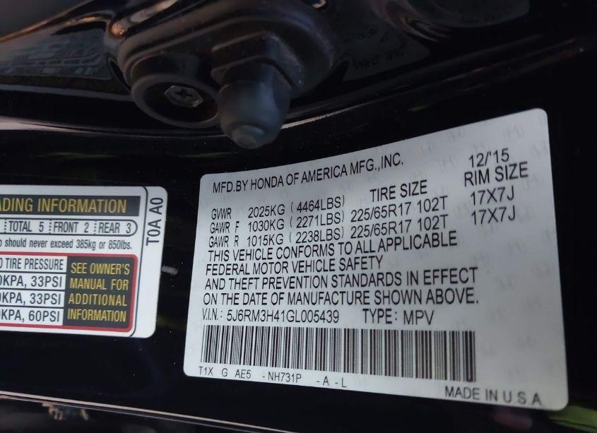 Photo 9 of 2016 Honda Cr-v SE (VIN 5J6RM3H41GL005439)