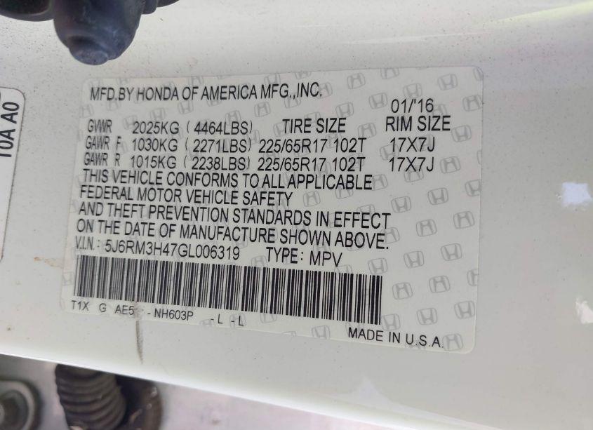 Photo 9 of 2016 Honda Cr-v SE (VIN 5J6RM3H47GL006319)