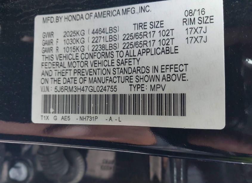 Photo 9 of 2016 Honda Cr-v SE (VIN 5J6RM3H47GL024755)