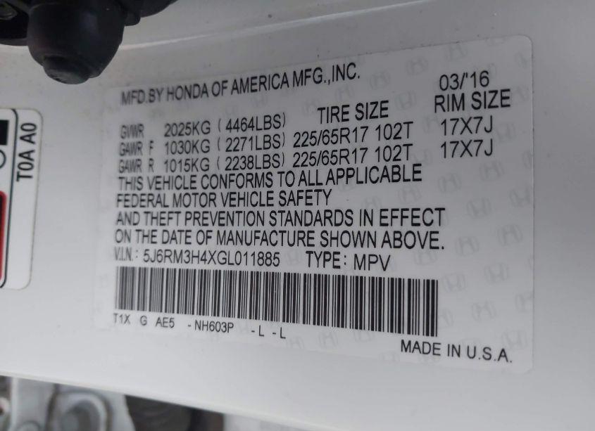 Photo 9 of 2016 Honda Cr-v SE (VIN 5J6RM3H4XGL011885)