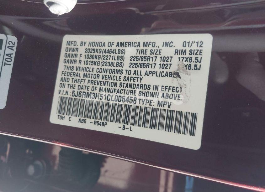 Photo 9 of 2012 Honda Cr-v EX (VIN 5J6RM3H51CL005458)