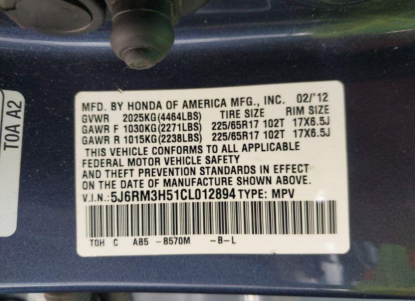 Photo 9 of 2012 Honda Cr-v EX (VIN 5J6RM3H51CL012894)