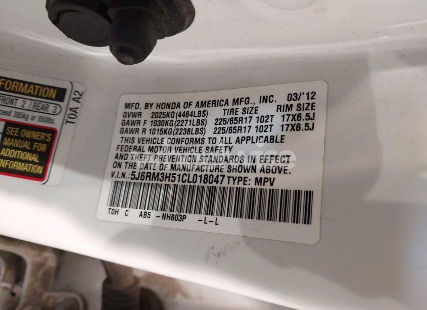 Photo 9 of 2012 Honda Cr-v EX (VIN 5J6RM3H51CL018047)