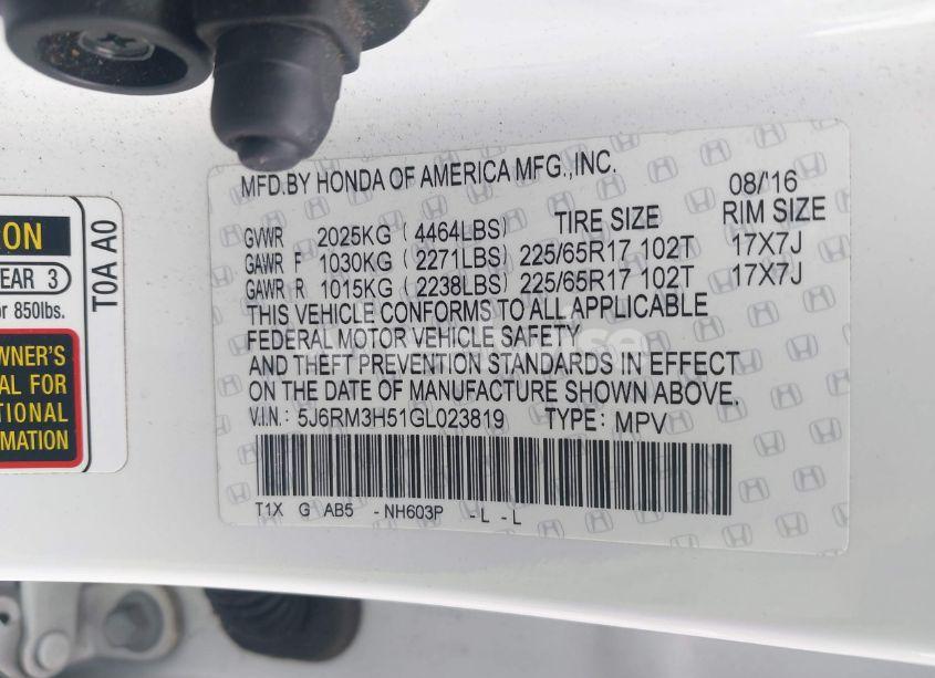 Photo 9 of 2016 Honda Cr-v EX (VIN 5J6RM3H51GL023819)