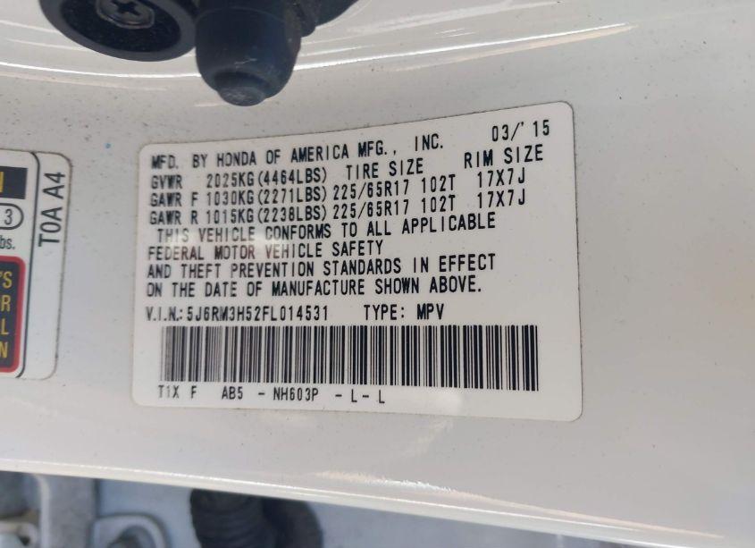 Photo 9 of 2015 Honda Cr-v EX (VIN 5J6RM3H52FL014531)