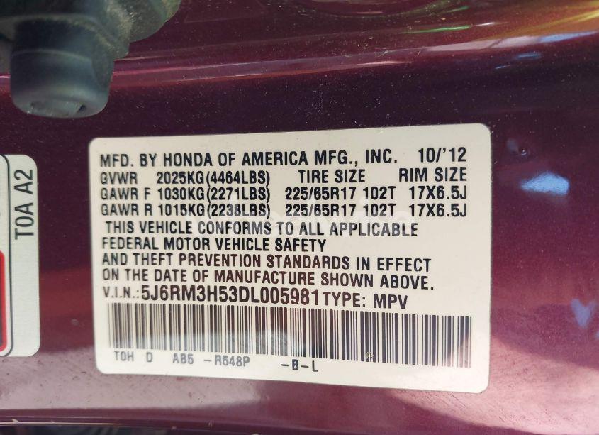 Photo 9 of 2013 Honda Cr-v EX (VIN 5J6RM3H53DL005981)