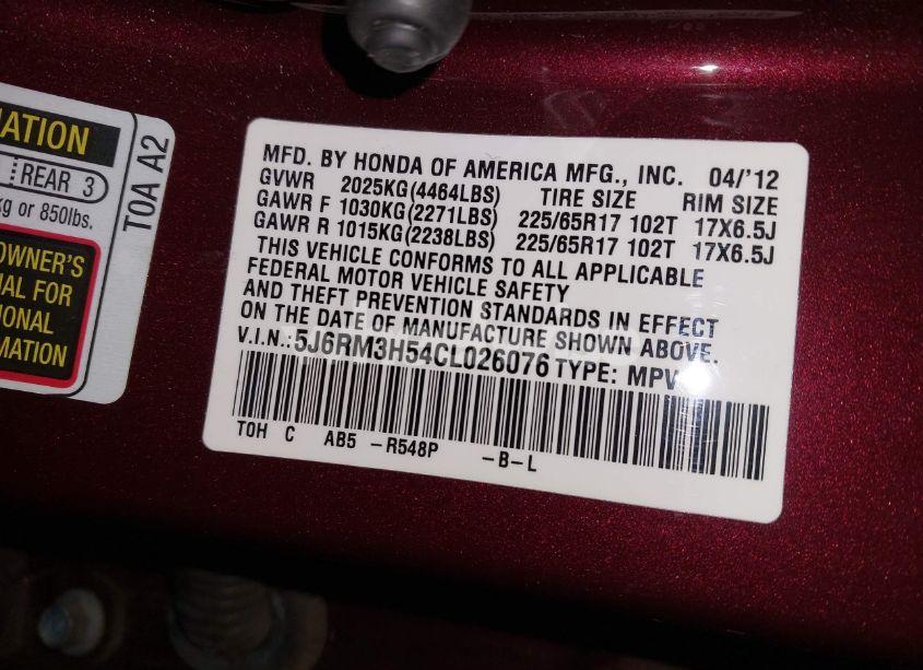 Photo 9 of 2012 Honda Cr-v EX (VIN 5J6RM3H54CL026076)