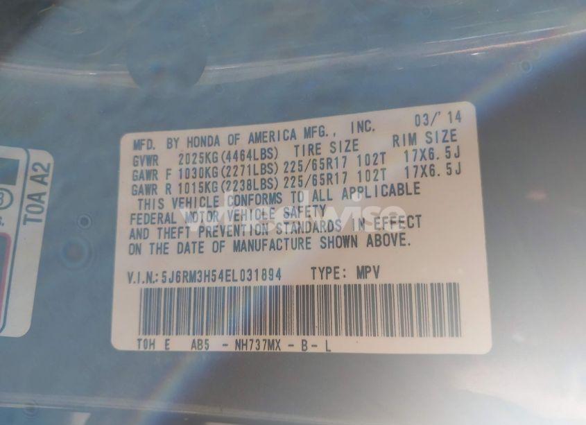 Photo 9 of 2014 Honda Cr-v EX (VIN 5J6RM3H54EL031894)