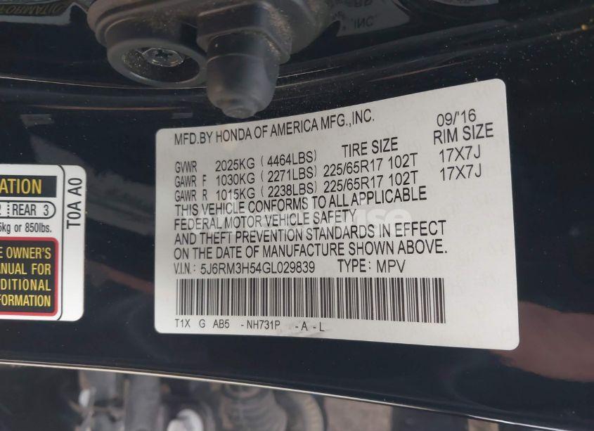 Photo 9 of 2016 Honda Cr-v EX (VIN 5J6RM3H54GL029839)