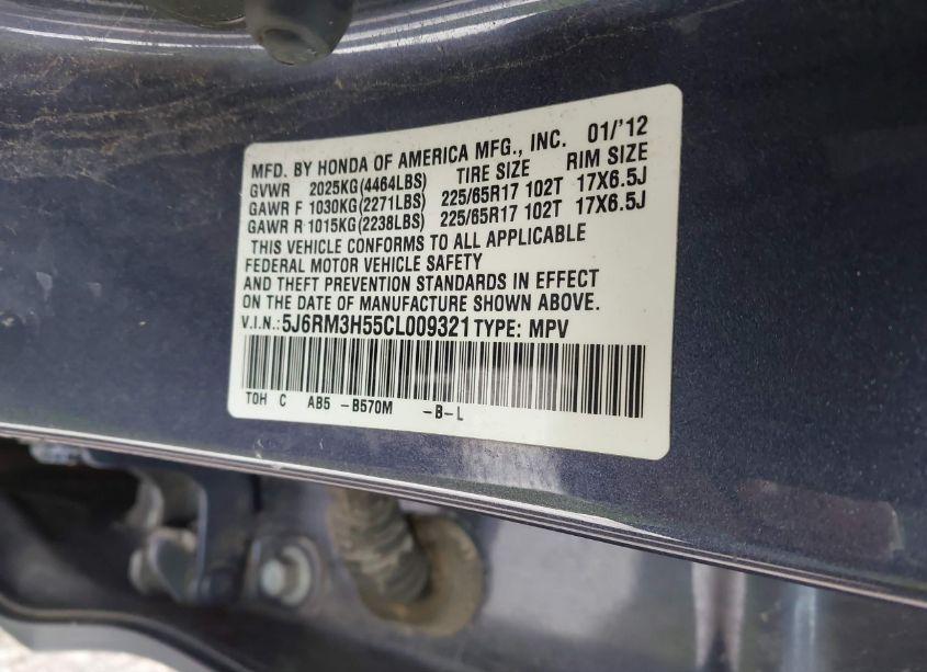 Photo 9 of 2012 Honda Cr-v EX (VIN 5J6RM3H55CL009321)