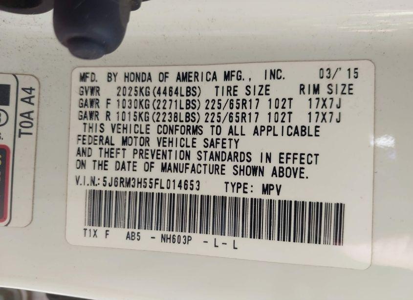 Photo 9 of 2015 Honda Cr-v EX (VIN 5J6RM3H55FL014653)