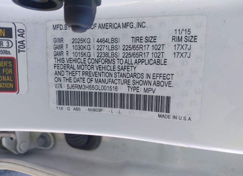 Photo 9 of 2016 Honda Cr-v EX (VIN 5J6RM3H55GL001516)