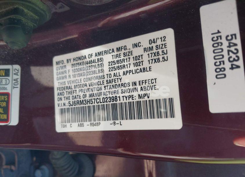 Photo 9 of 2012 Honda Cr-v EX (VIN 5J6RM3H57CL023981)