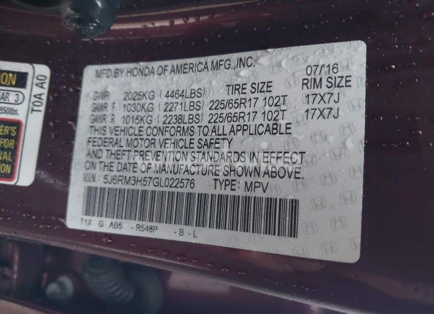 Photo 9 of 2016 Honda Cr-v EX (VIN 5J6RM3H57GL022576)