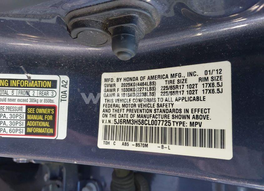 Photo 9 of 2012 Honda Cr-v EX (VIN 5J6RM3H58CL007725)