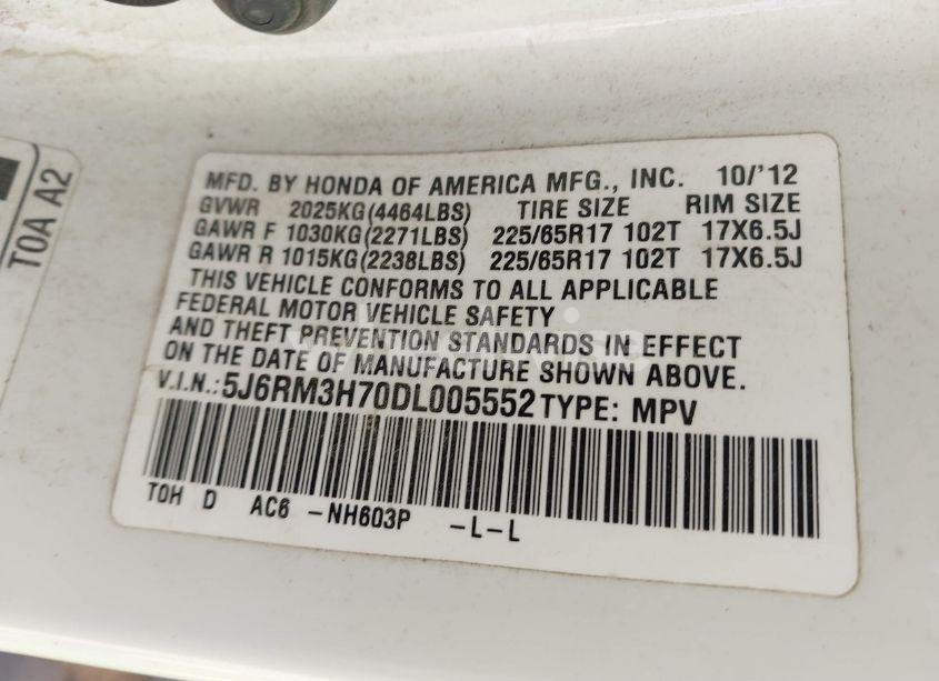 Photo 9 of 2013 Honda Cr-v EX-L (VIN 5J6RM3H70DL005552)