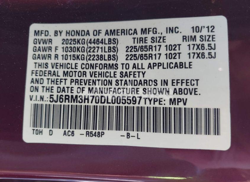 Photo 9 of 2013 Honda Cr-v EX-L (VIN 5J6RM3H70DL005597)